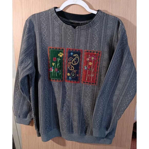 Jenny Buchanan PM Gray Pullover Sweater Embroidered Floral Patchwork Long Sleeve - Picture 1 of 6